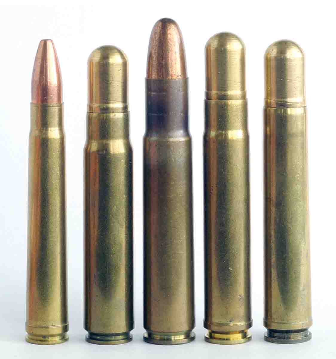 Left to right, a .375 H&H looks dainty by comparison to the .500 Jeffery, .505 Gibbs, .500 A-Square and .495 A-Square. The .500 Jeffery was made short and compact in order to fit a standard Mauser K98 action.